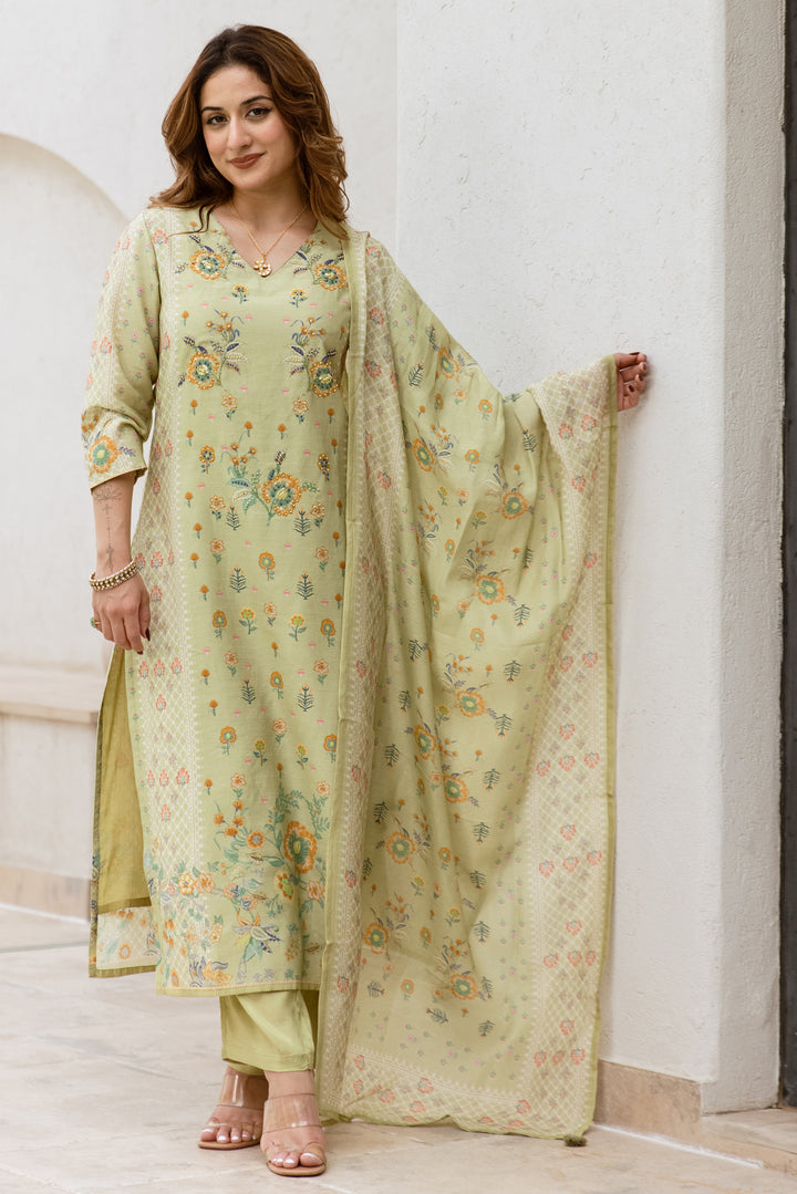 Women's Green Modal Shimmer Kurta Pant and Dupatta Set