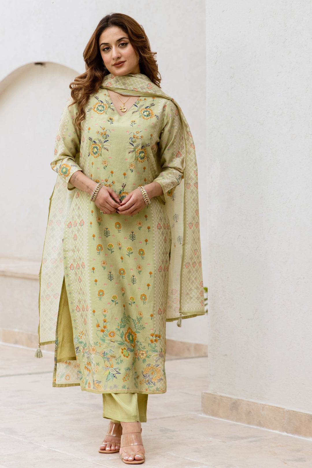 Women's Green Modal Shimmer Kurta Pant and Dupatta Set