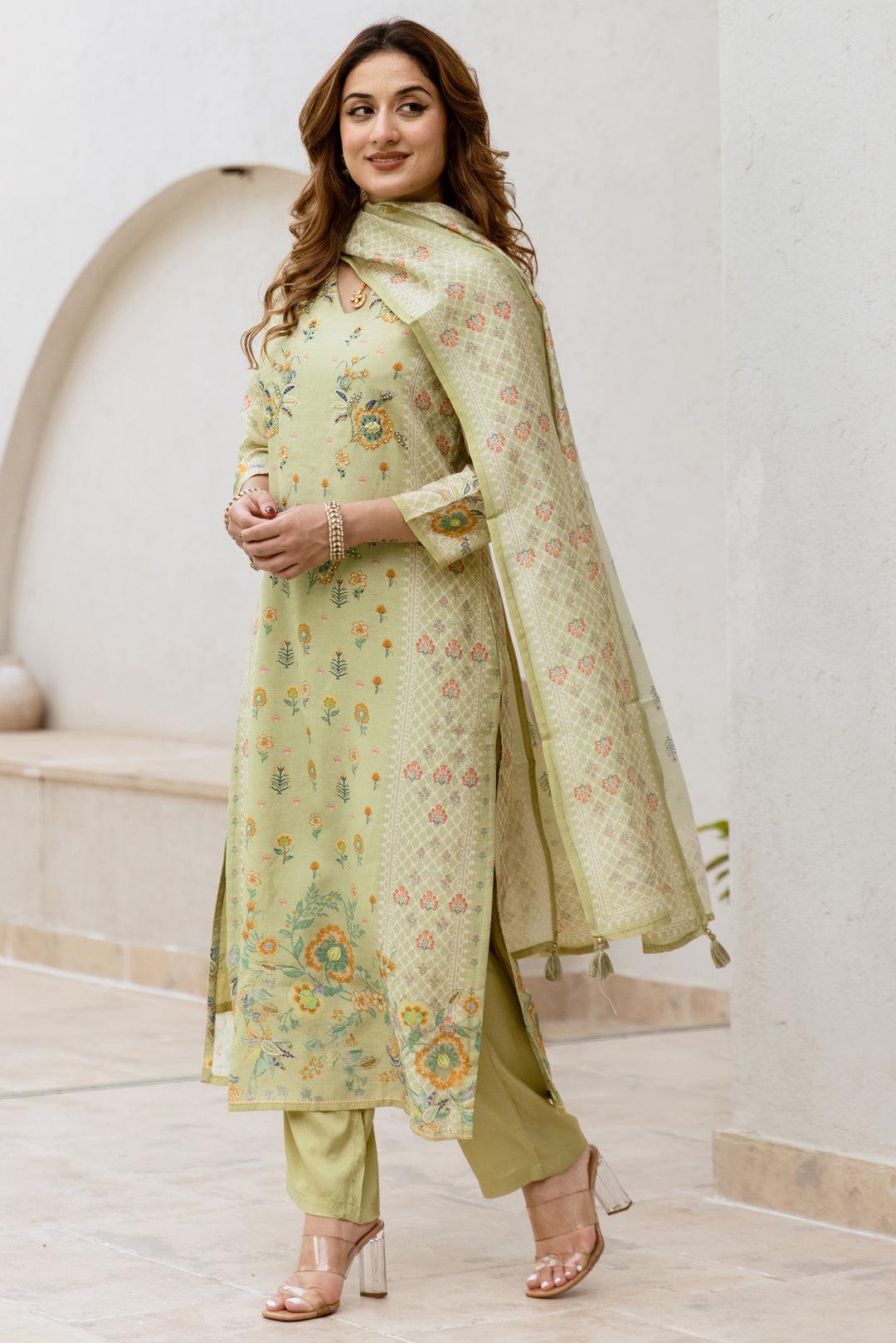 Women's Green Modal Shimmer Kurta Pant and Dupatta Set