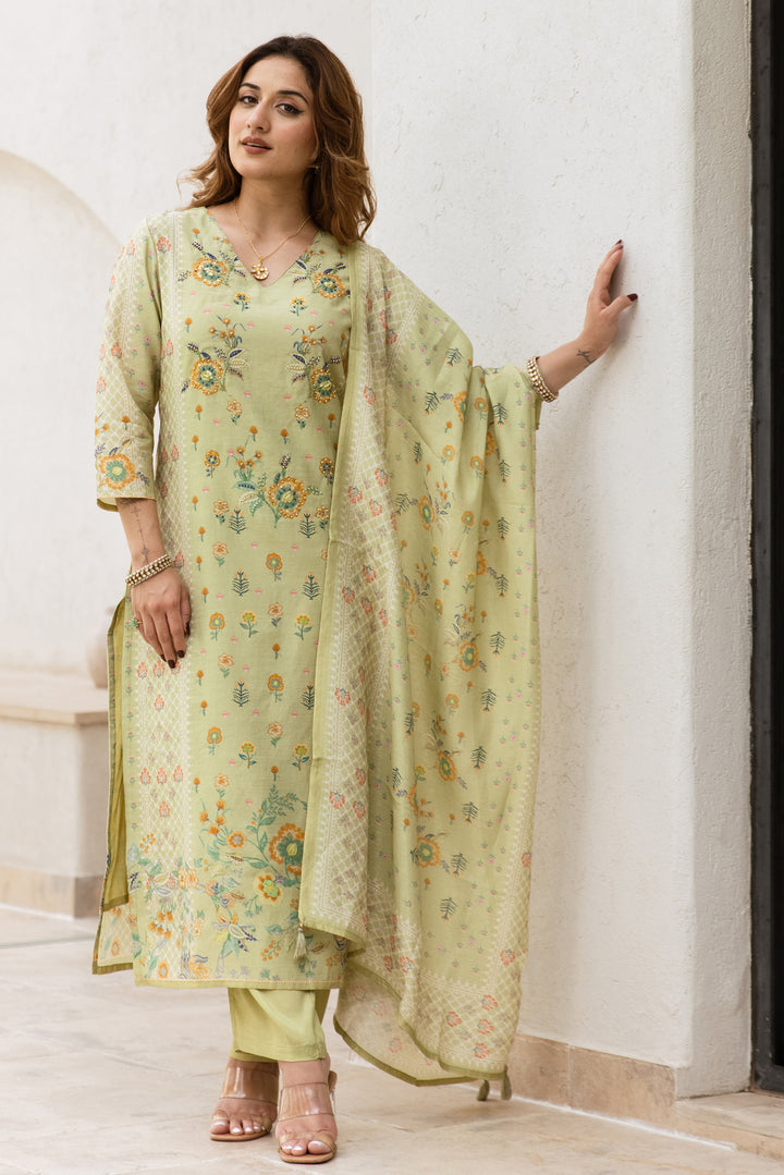 Women's Green Modal Shimmer Kurta Pant and Dupatta Set