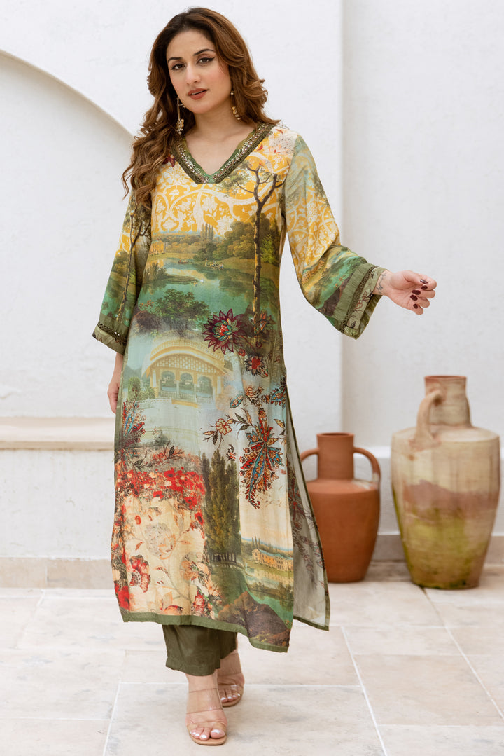 Women's Multicolor Viscose Muslin Kurta and Pant Set