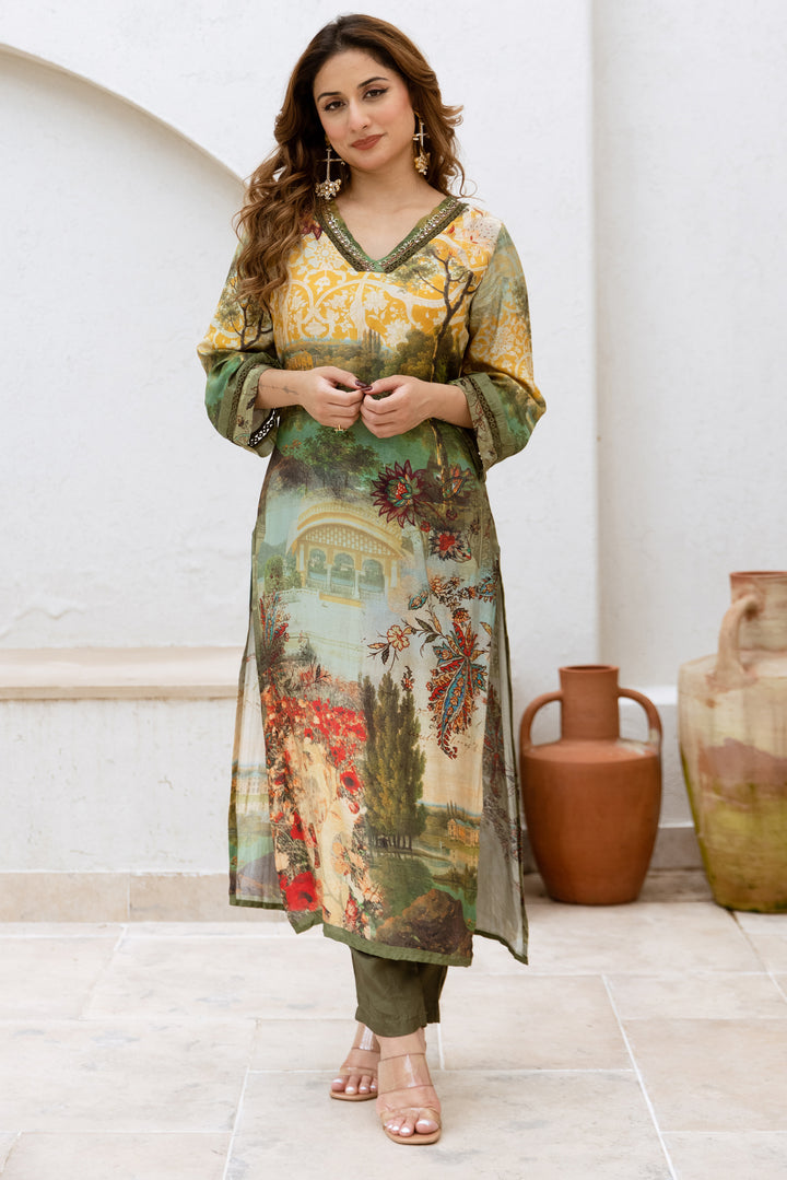 Women's Multicolor Viscose Muslin Kurta and Pant Set