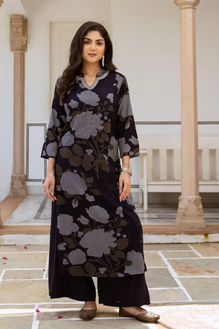 Women's Navy Blue Rayon Kurta and Palazzo Set