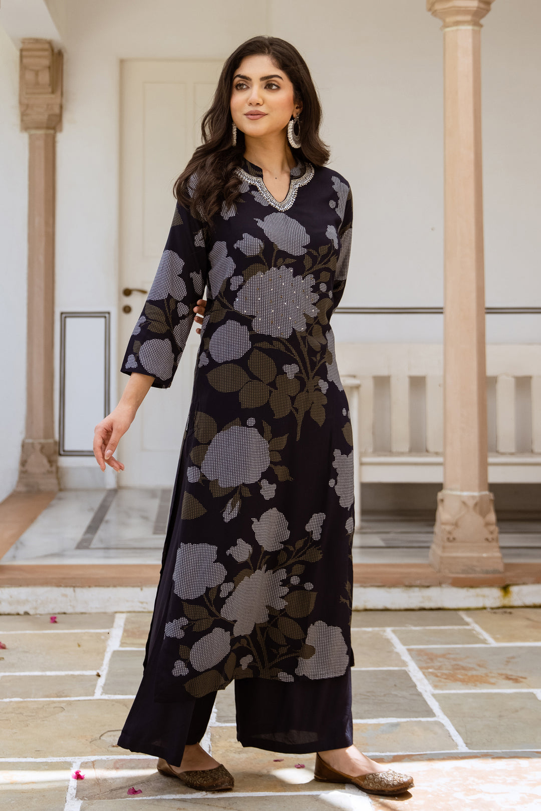 Women's Navy Blue Rayon Kurta and Palazzo Set