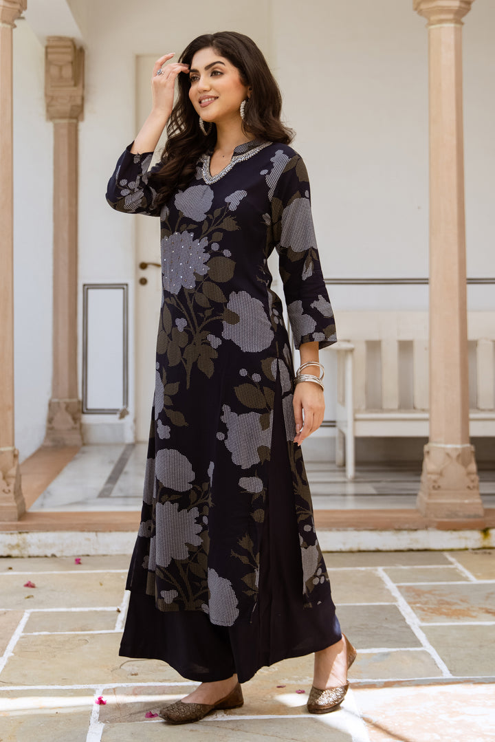 Women's Navy Blue Rayon Kurta and Palazzo Set