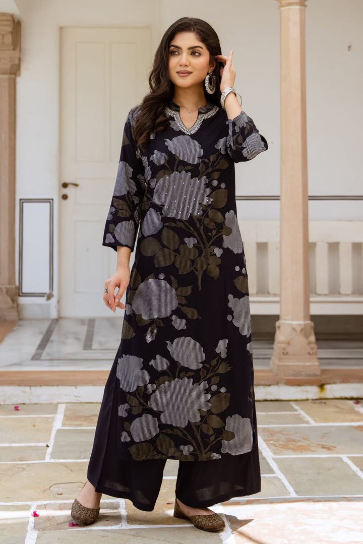 Women's Navy Blue Rayon Kurta and Palazzo Set