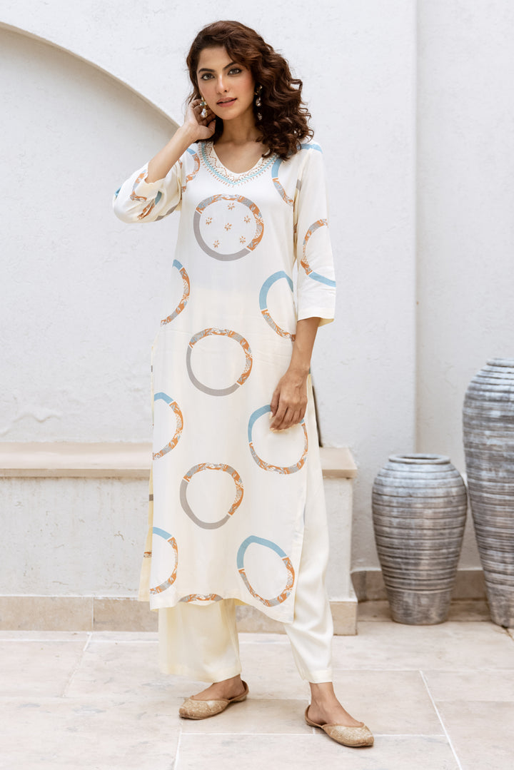 Women's Cream Rayon Kurta Palazzo Set