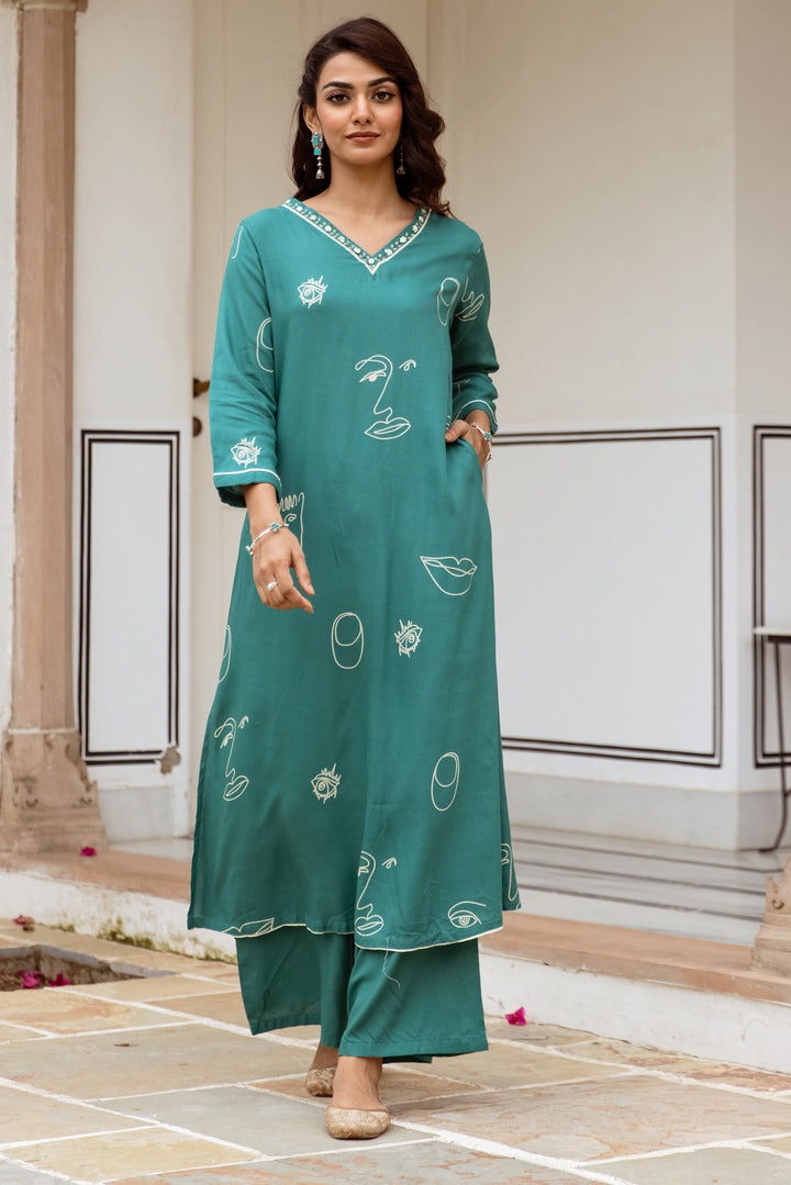 Women's Green Rayon Kurta Palazzo Set