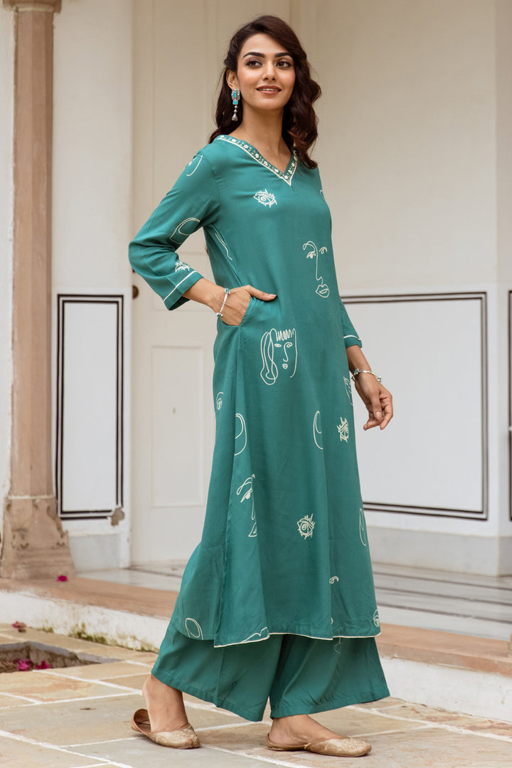 Women's Green Rayon Kurta Palazzo Set