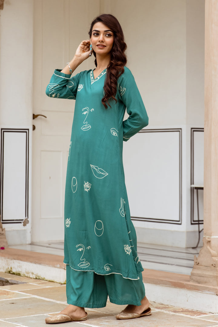 Women's Green Rayon Kurta Palazzo Set