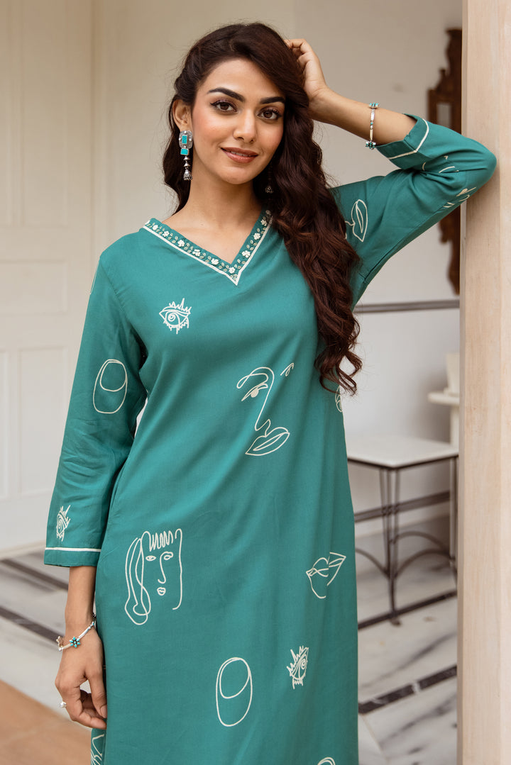 Women's Green Rayon Kurta Palazzo Set