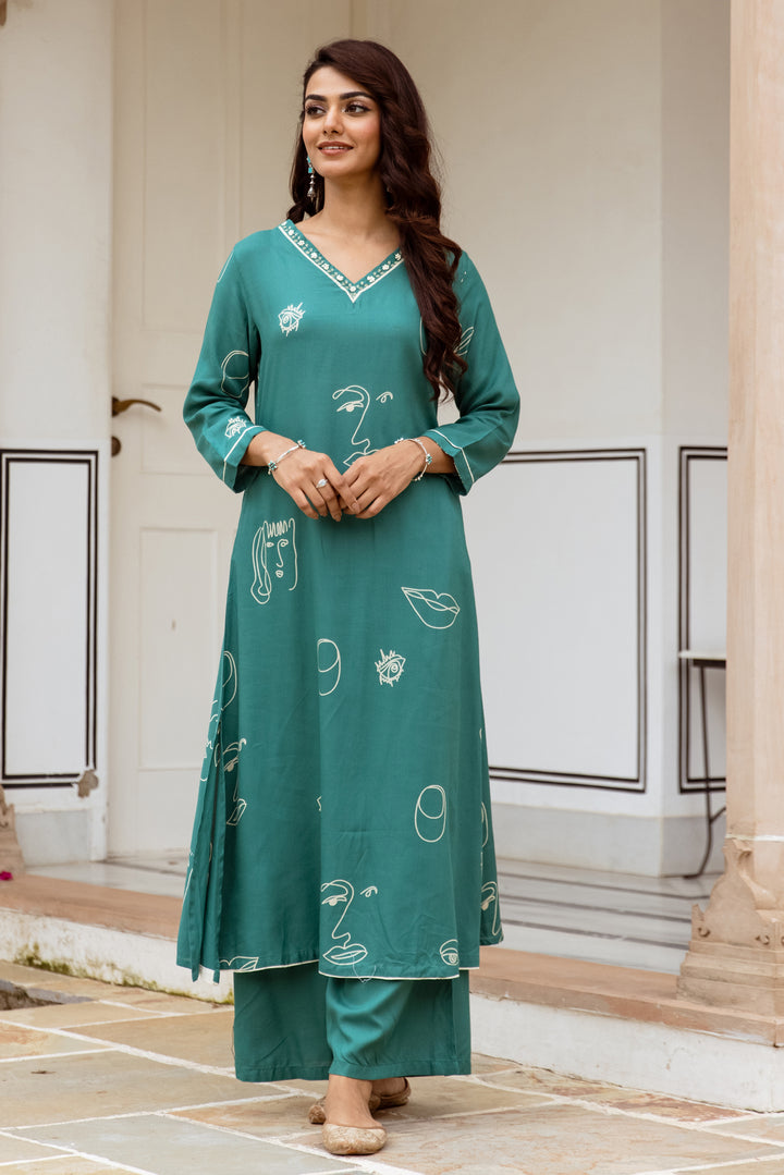 Women's Green Rayon Kurta Palazzo Set