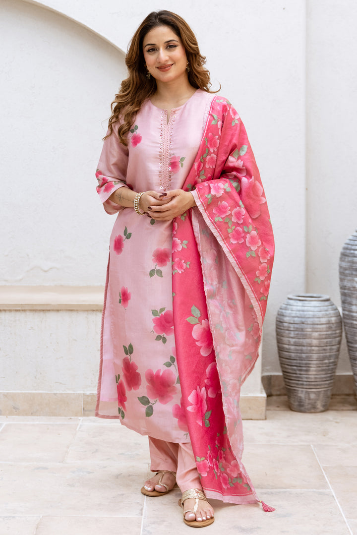 Women's Peach Chanderi Kurta Pant and Dupatta Set