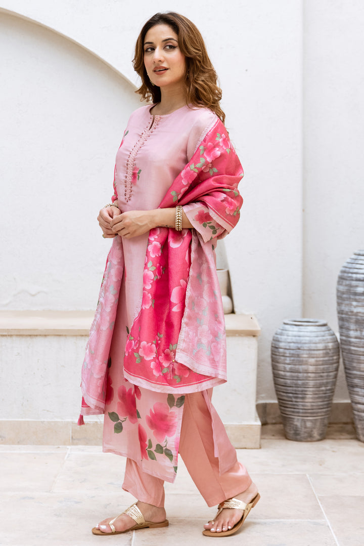 Women's Peach Chanderi Kurta Pant and Dupatta Set