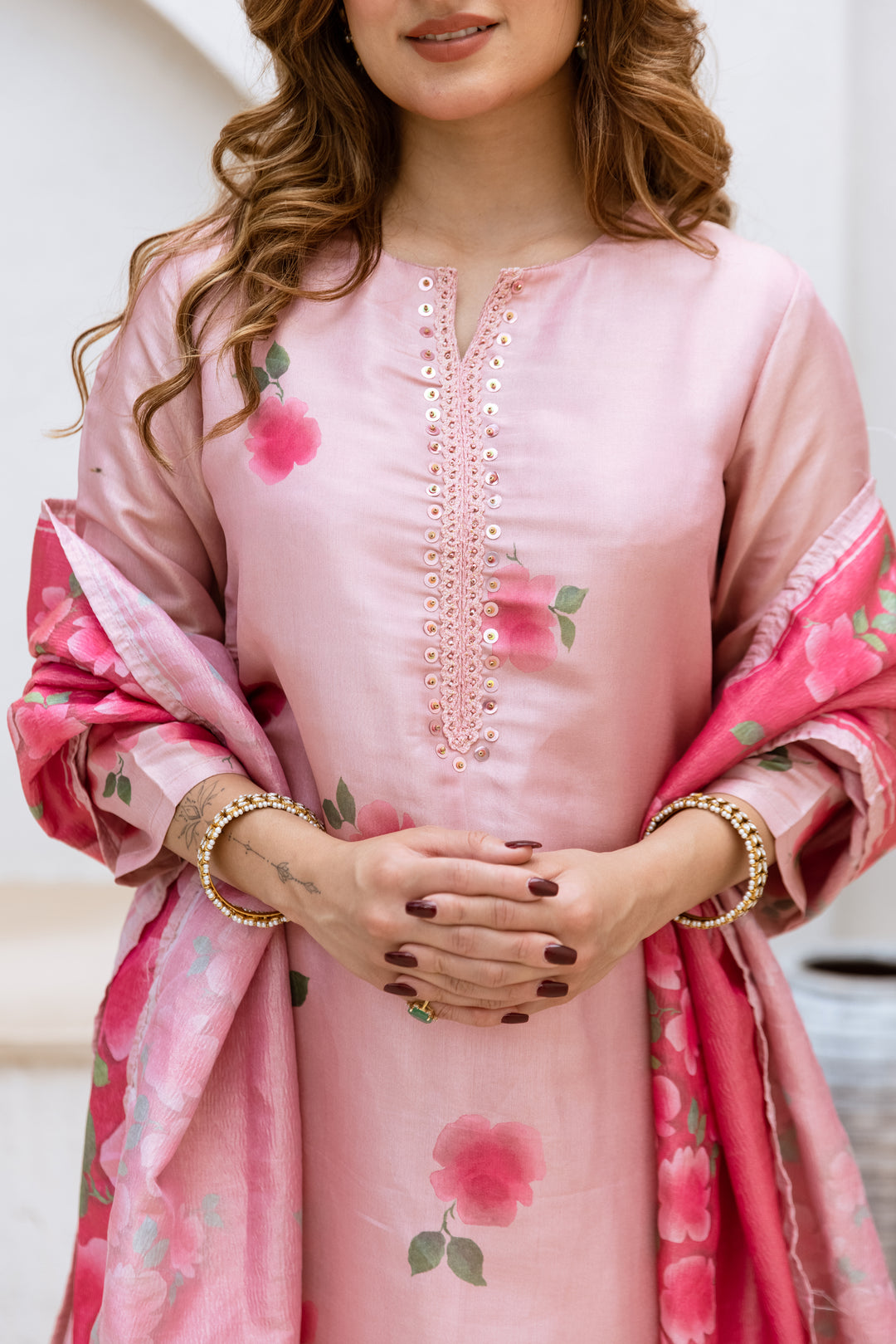 Women's Peach Chanderi Kurta Pant and Dupatta Set