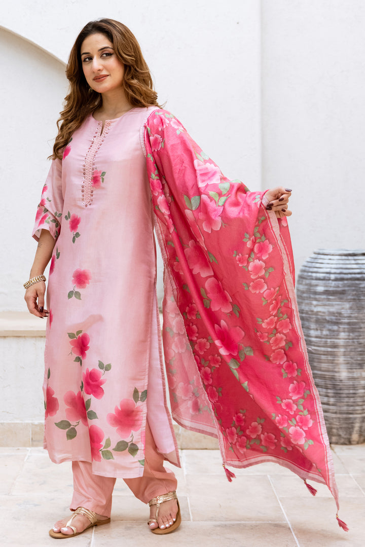 Women's Peach Chanderi Kurta Pant and Dupatta Set