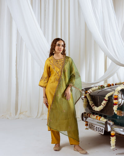 Mustard Muslin Silk Kurta Pant and Dupatta Set