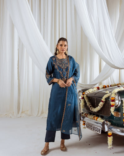 Crystal Teal Muslin Silk Kurta Pant and Dupatta Set