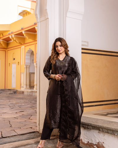 Black Paper Silk Kurta Pant and Dupatta Set