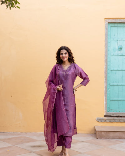 Luxury Purple Paper Silk Kurta Pant and Dupatta Set