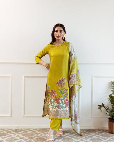 Green Viscose Muslin Kurta Pant and Dupatta Set
