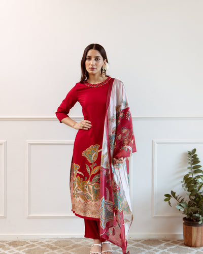 Blood Red Viscose Muslin Kurta Pant and Dupatta Set