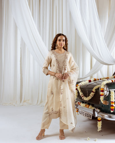 Beige Muslin Silk Kurta Pant and Dupatta Set