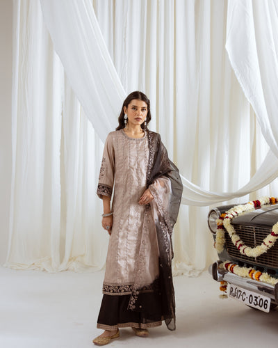 Beige Muslin Silk Kurta Palazzo and Dupatta Set