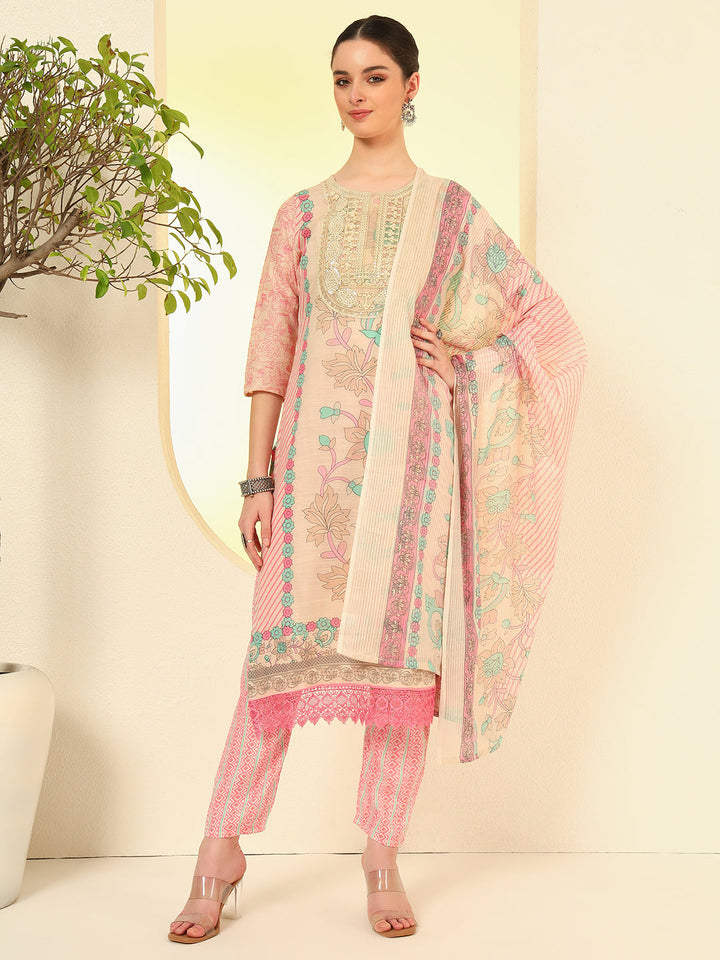 Nehamta Women's Beige Cotton Kurta, Pant & Dupatta Set