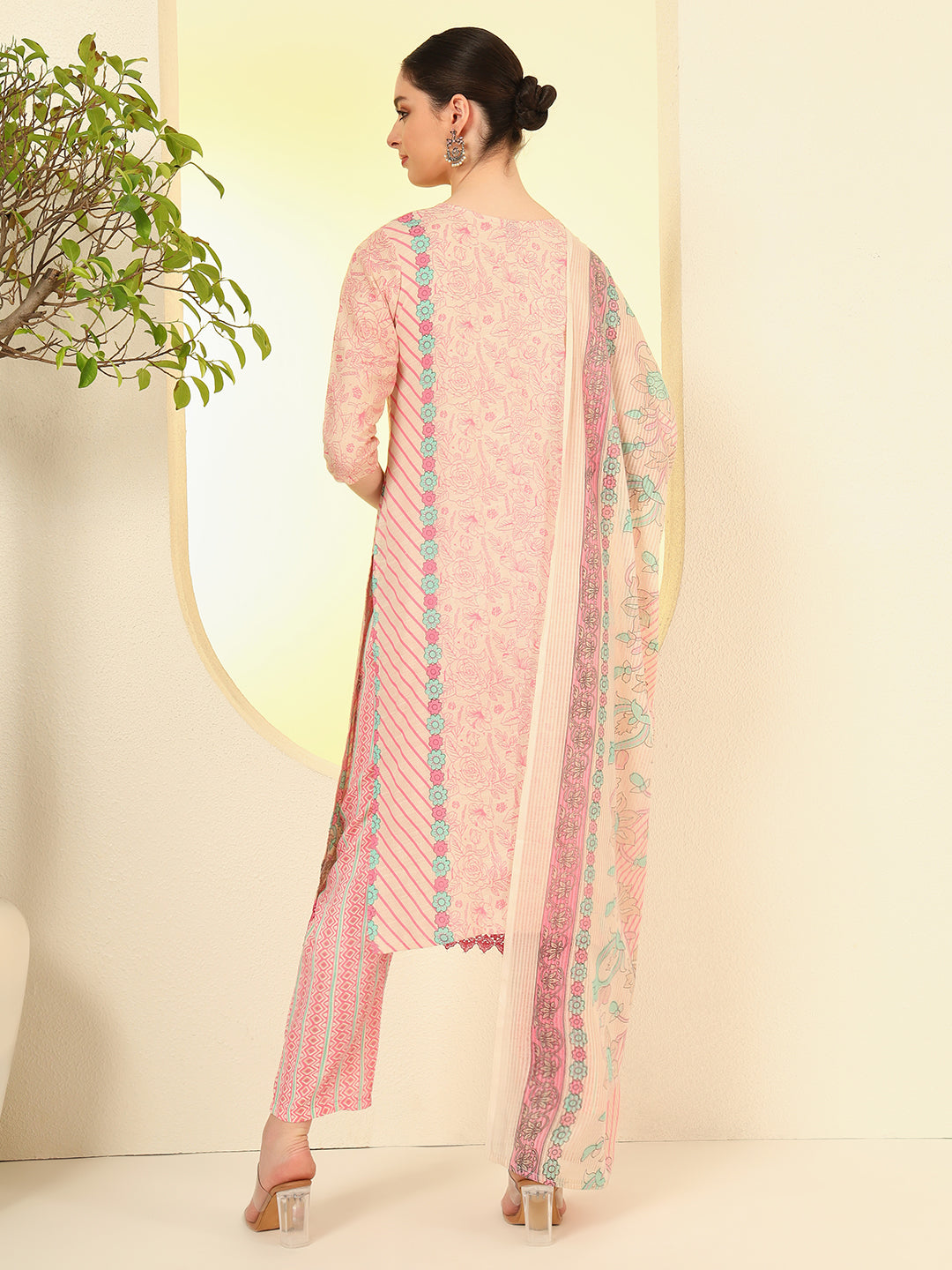 Nehamta Women's Beige Cotton Kurta, Pant & Dupatta Set