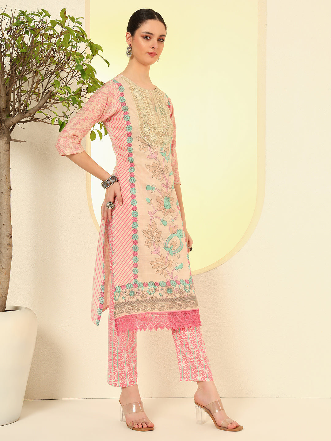 Nehamta Women's Beige Cotton Kurta, Pant & Dupatta Set