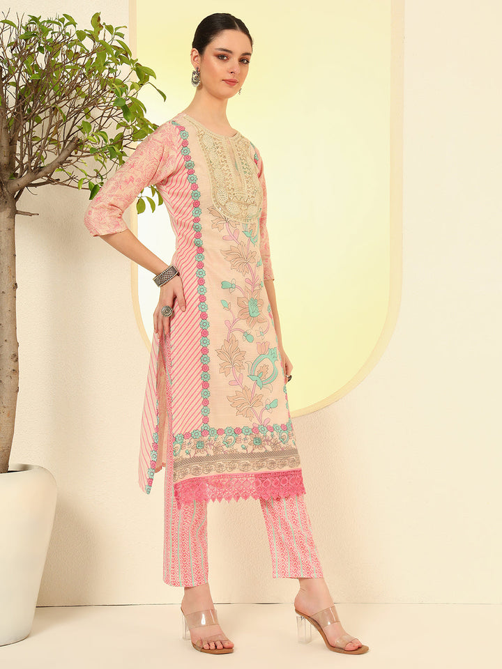 Nehamta Women's Beige Cotton Kurta, Pant & Dupatta Set