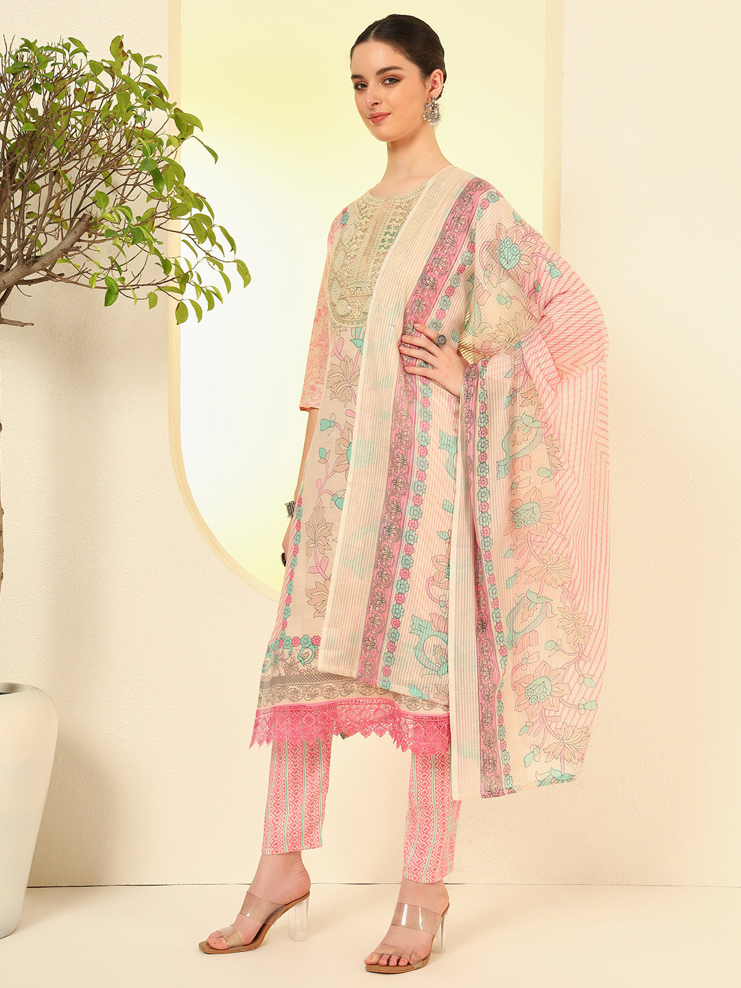 Nehamta Women's Beige Cotton Kurta, Pant & Dupatta Set