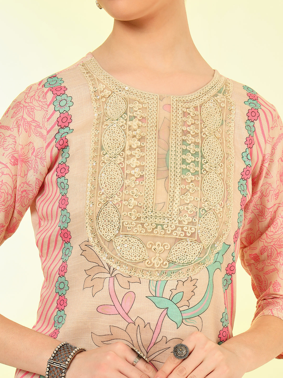 Nehamta Women's Beige Cotton Kurta, Pant & Dupatta Set