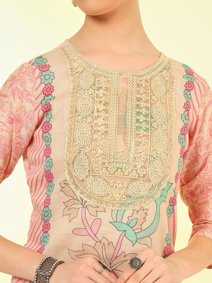 Nehamta Women's Beige Cotton Kurta, Pant & Dupatta Set