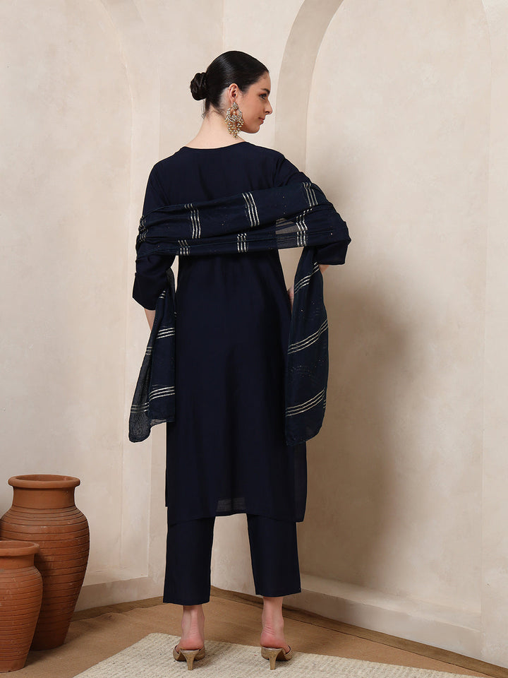 Nehamta Women's Navy Blue Cotton rayon Kurta, Pant & Dupatta Set