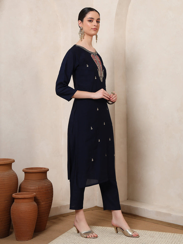 Nehamta Women's Navy Blue Cotton rayon Kurta, Pant & Dupatta Set