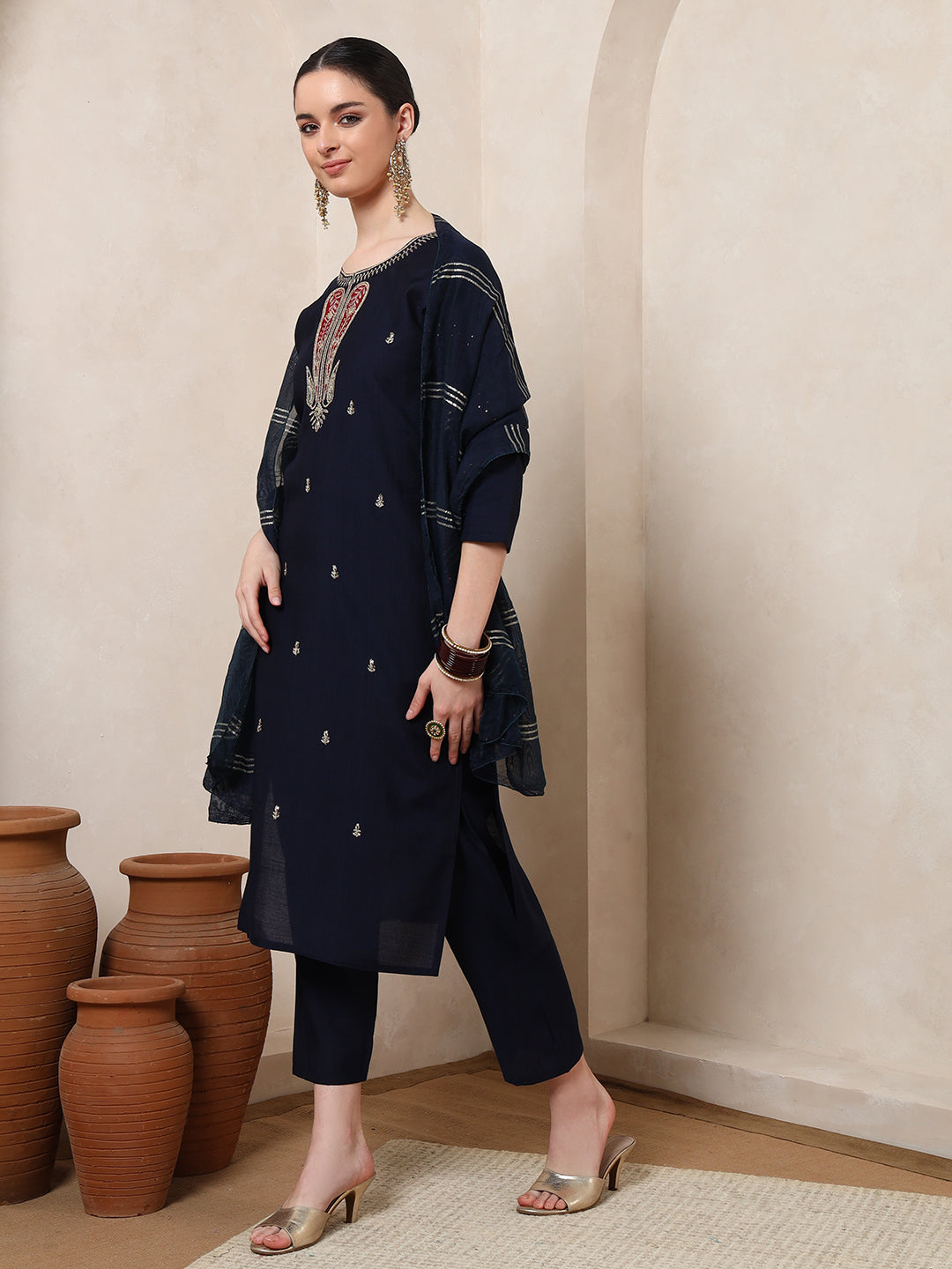 Nehamta Women's Navy Blue Cotton rayon Kurta, Pant & Dupatta Set