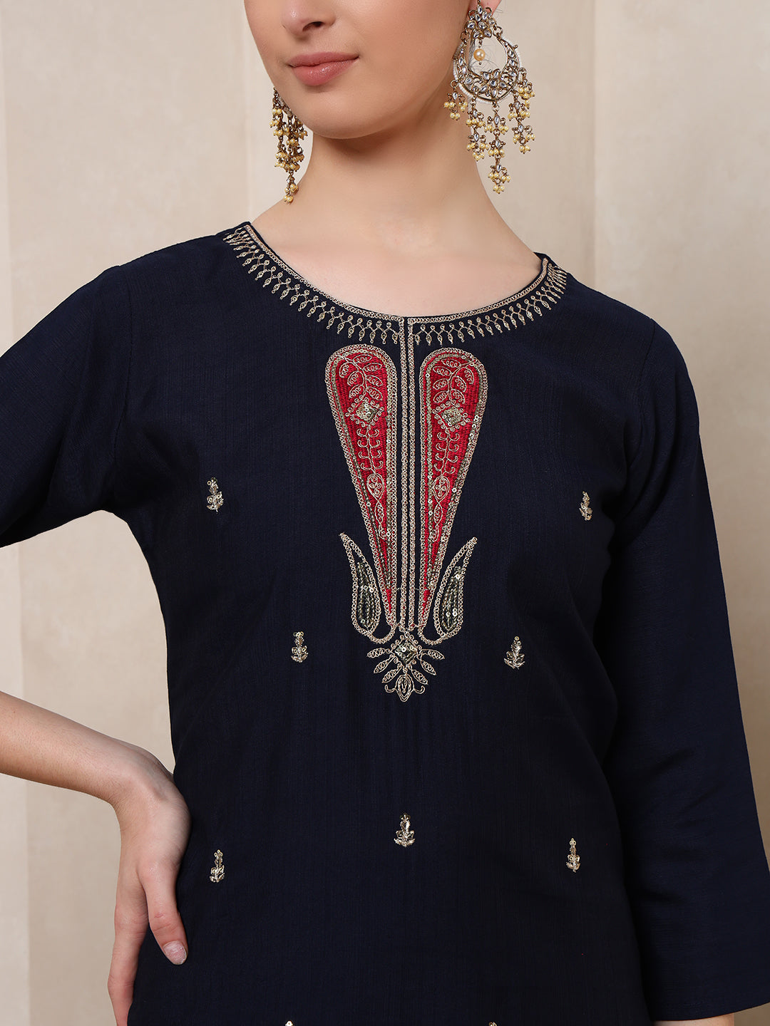 Nehamta Women's Navy Blue Cotton rayon Kurta, Pant & Dupatta Set