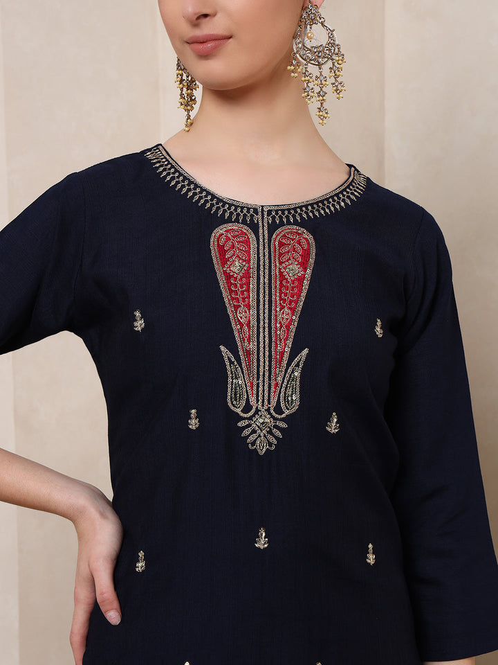 Nehamta Women's Navy Blue Cotton rayon Kurta, Pant & Dupatta Set