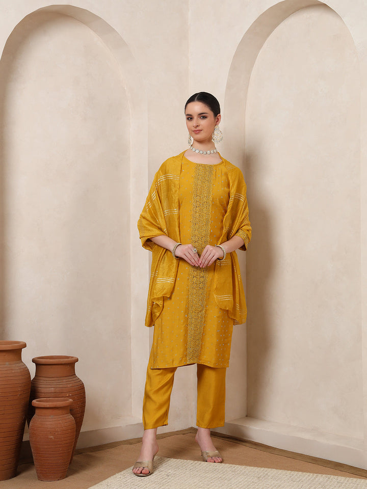 Nehamta Women's Mustard Cotton Kurta, Pant & Dupatta Set