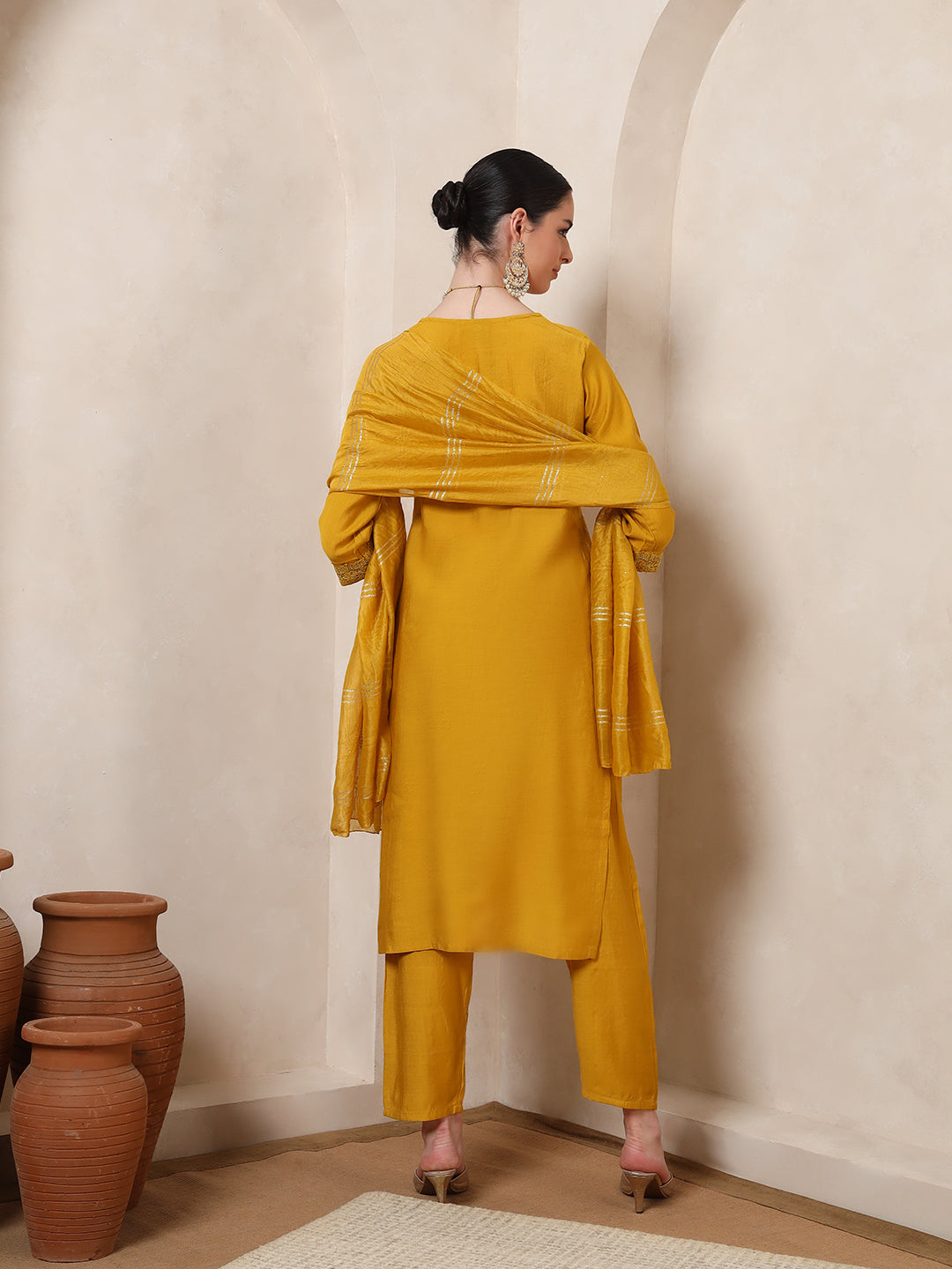 Nehamta Women's Mustard Cotton Kurta, Pant & Dupatta Set