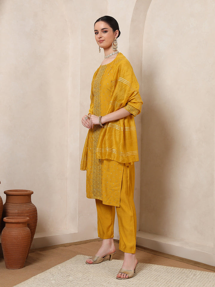 Nehamta Women's Mustard Cotton Kurta, Pant & Dupatta Set