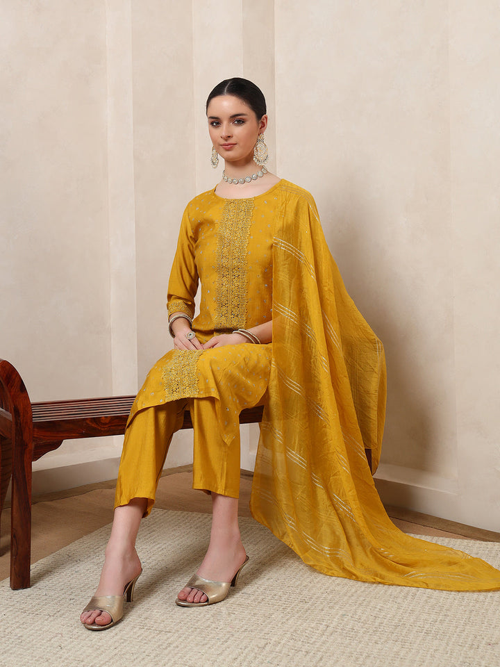 Nehamta Women's Mustard Cotton Kurta, Pant & Dupatta Set