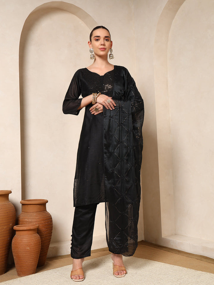 Nehamta Women's Black Muslin Kurta, Pant & Dupatta Set