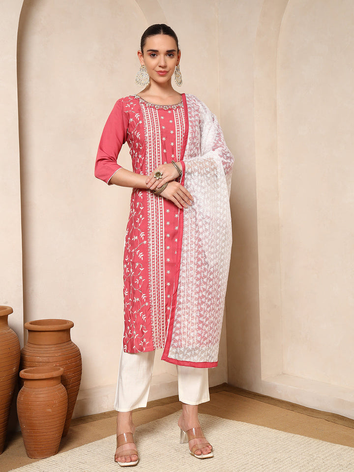 Nehamta Women's Pink Cotton rayon Kurta, Pant & Dupatta Set