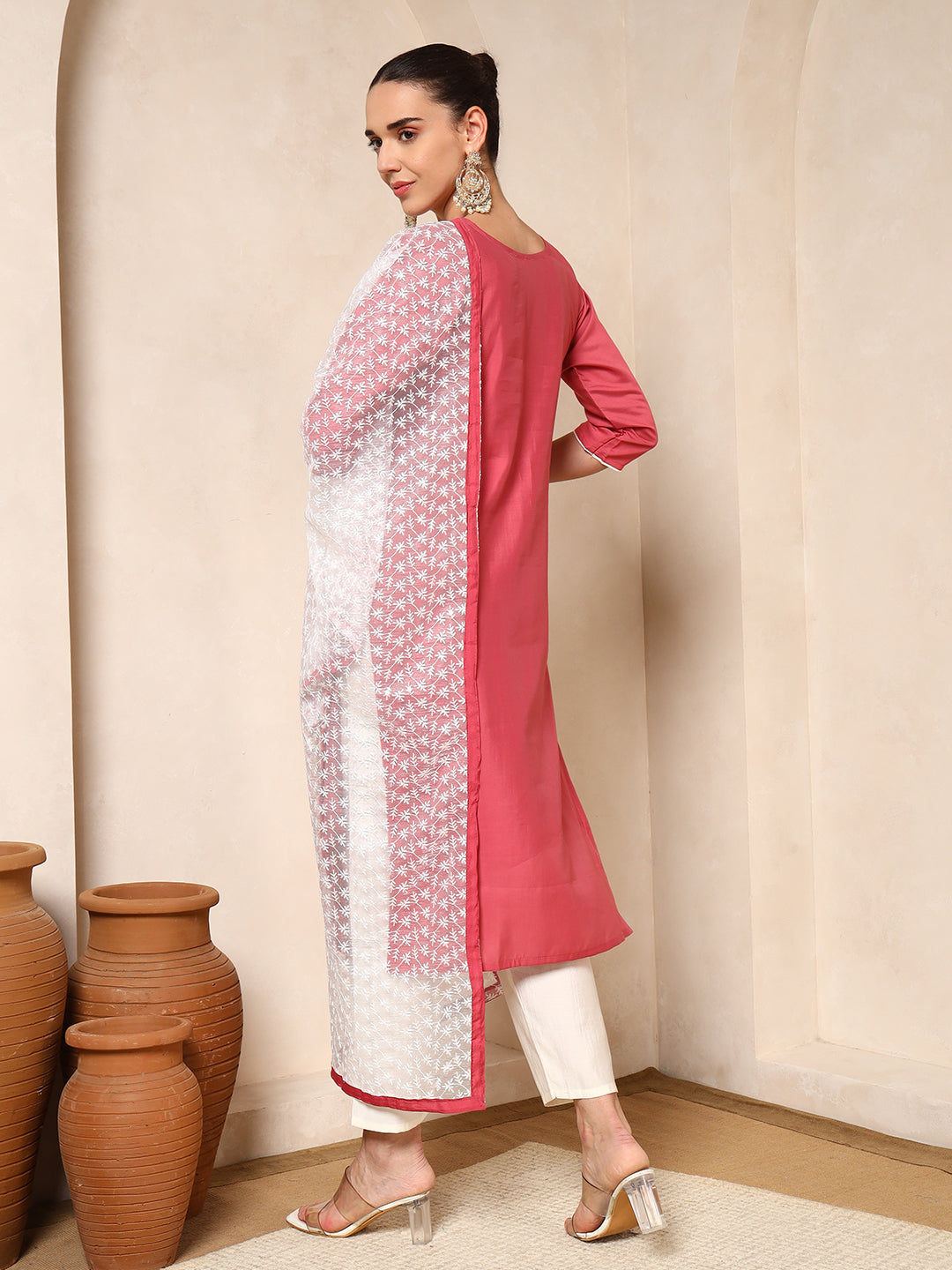 Nehamta Women's Pink Cotton rayon Kurta, Pant & Dupatta Set
