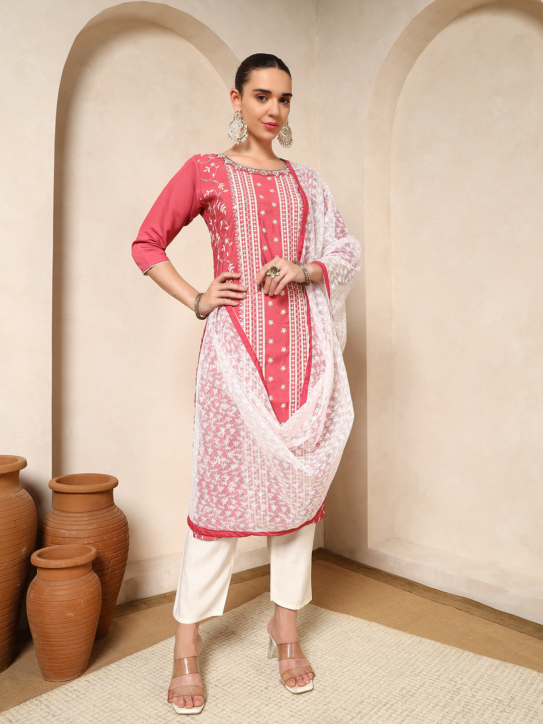 Nehamta Women's Pink Cotton rayon Kurta, Pant & Dupatta Set