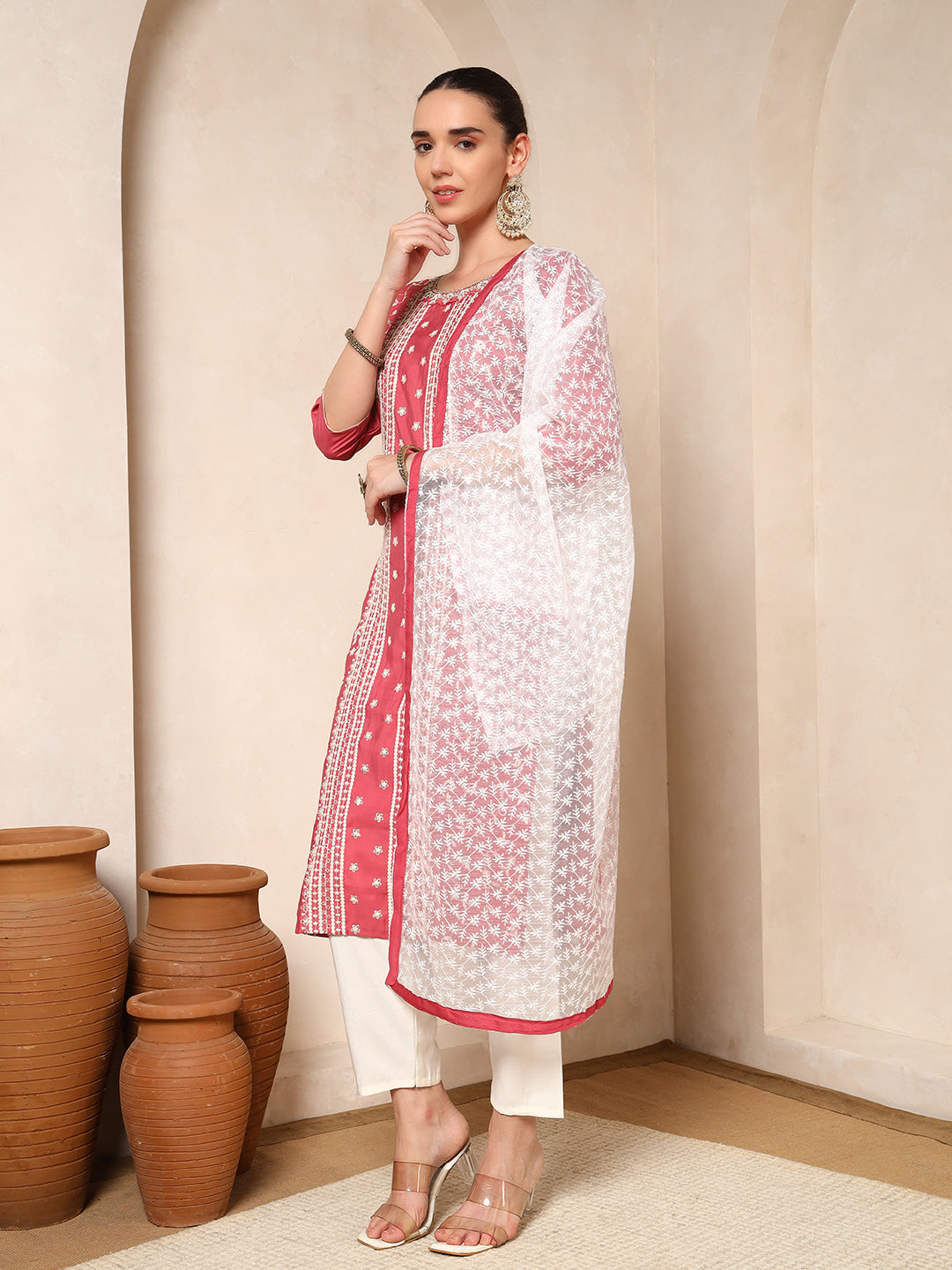 Nehamta Women's Pink Cotton rayon Kurta, Pant & Dupatta Set