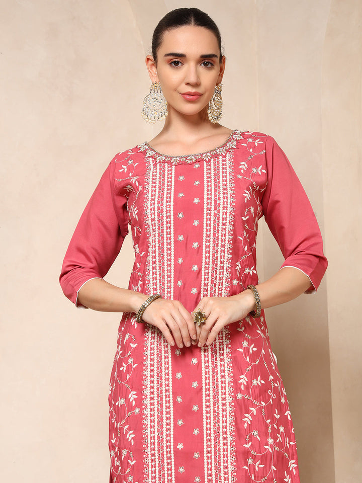 Nehamta Women's Pink Cotton rayon Kurta, Pant & Dupatta Set